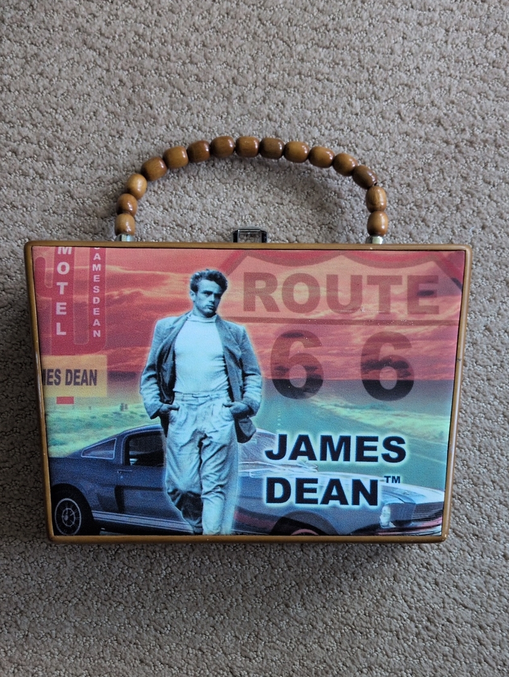 Vintage James Dean Route 66 Wooden Cigar Box Handbag with Beaded Handle